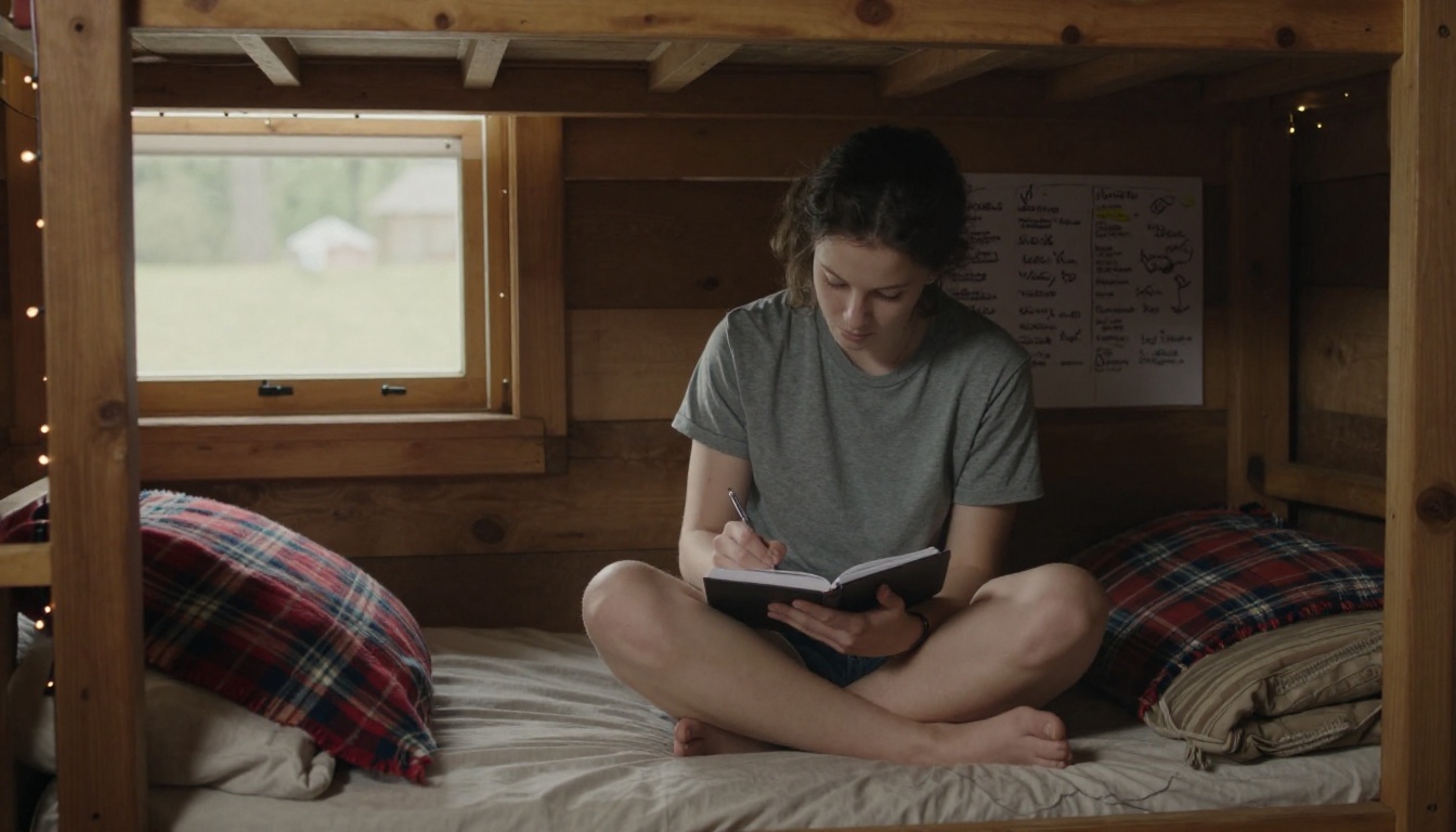 A counselor writing notes on a bunk while campers sign a page