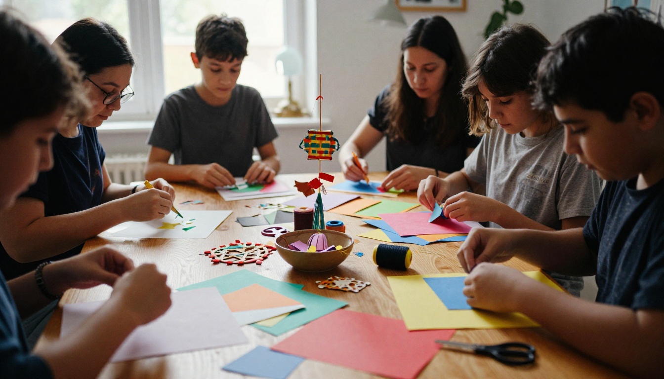 A family cutting paper, gluing and sewing handmade crafts at a table while a boy holds up a paper kinara