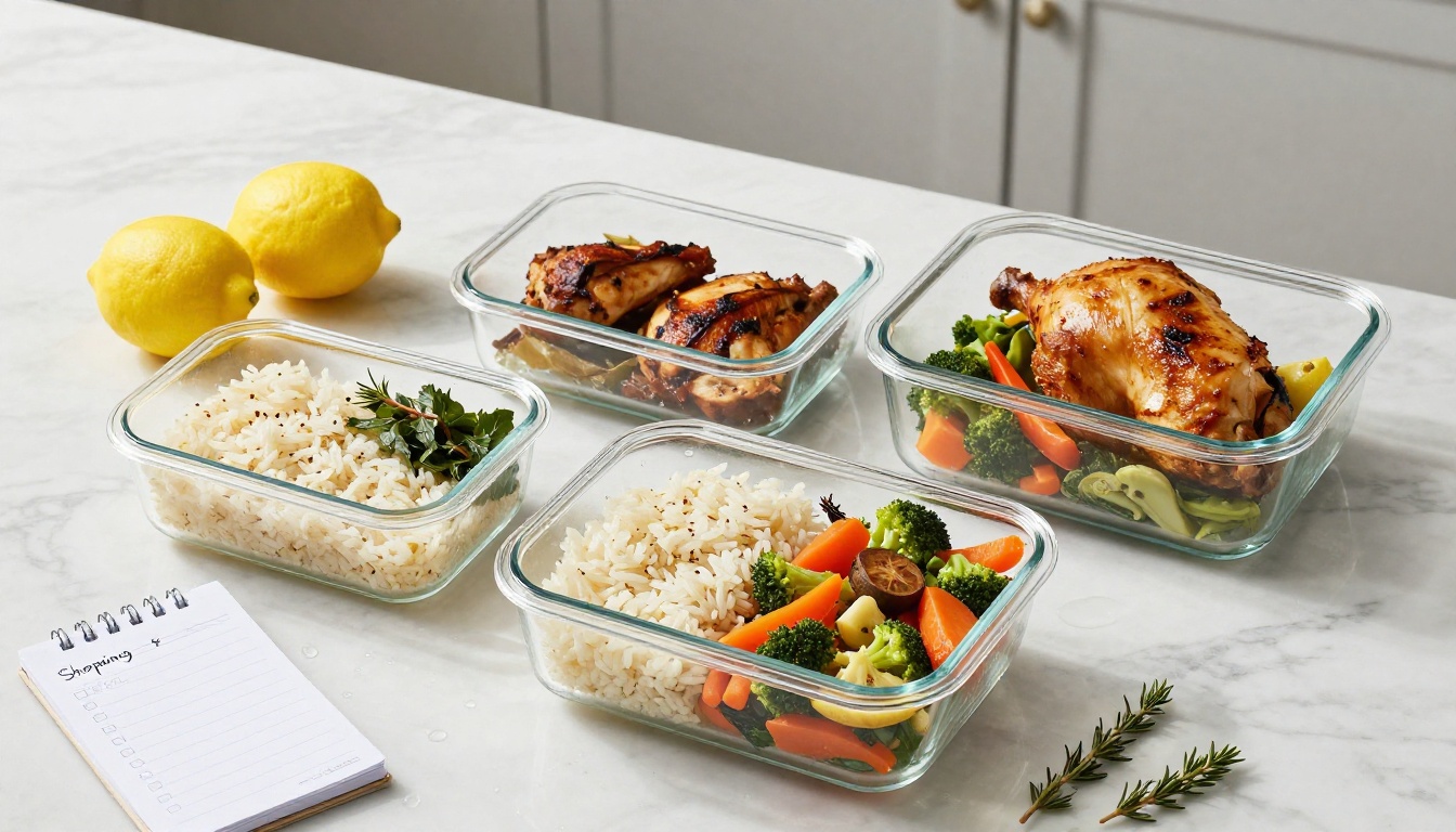 Meal prep containers with rice, chicken and vegetables on a marble counter Meal prep containers with rice, chicken and vegetables on a marble counter