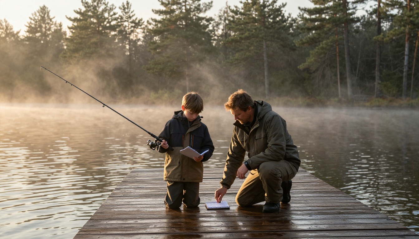 A father and adult son fishing from a wooden dock at sunrise