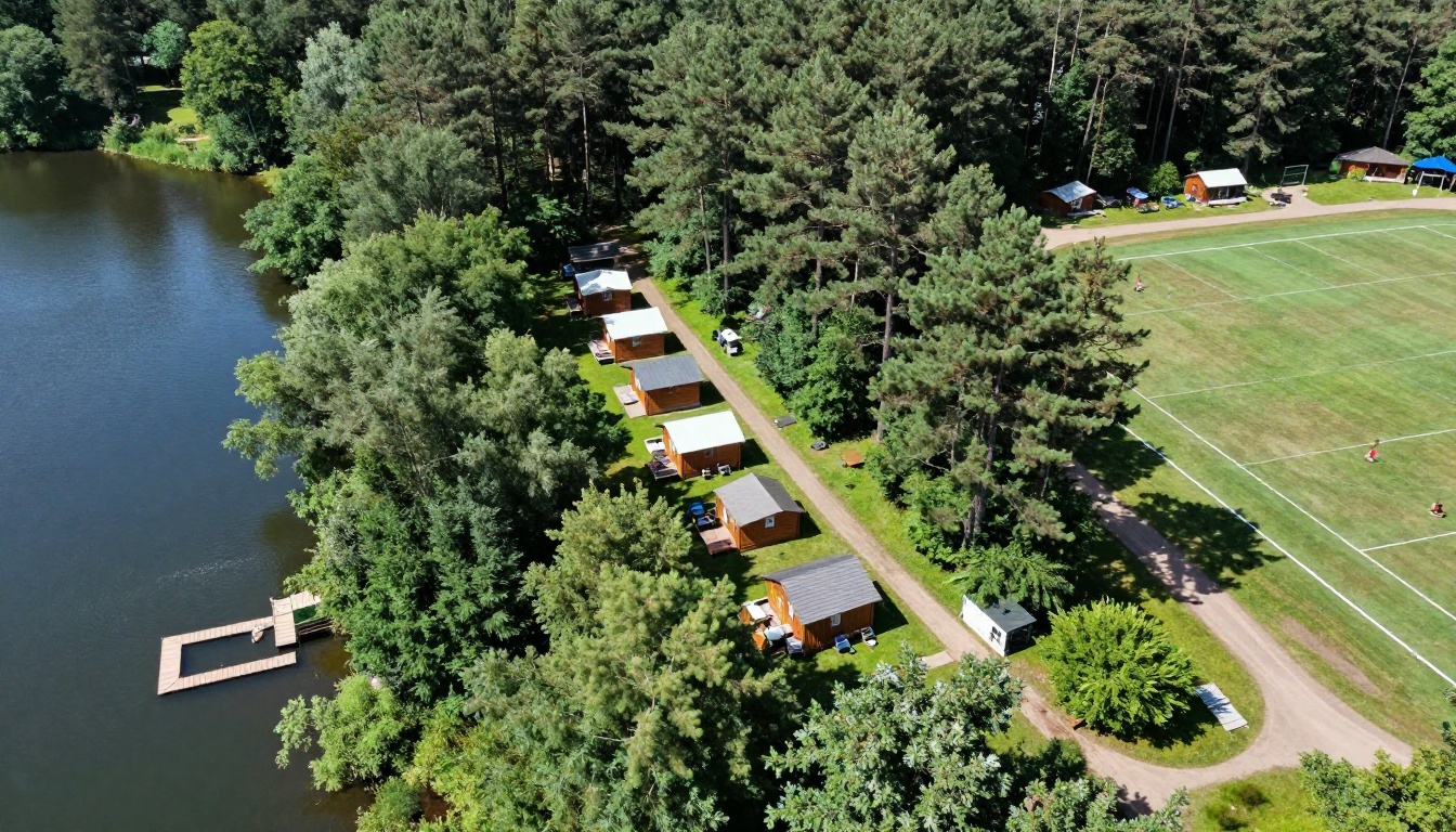 Aerial view of a summer camp with cabins, a lake and trails