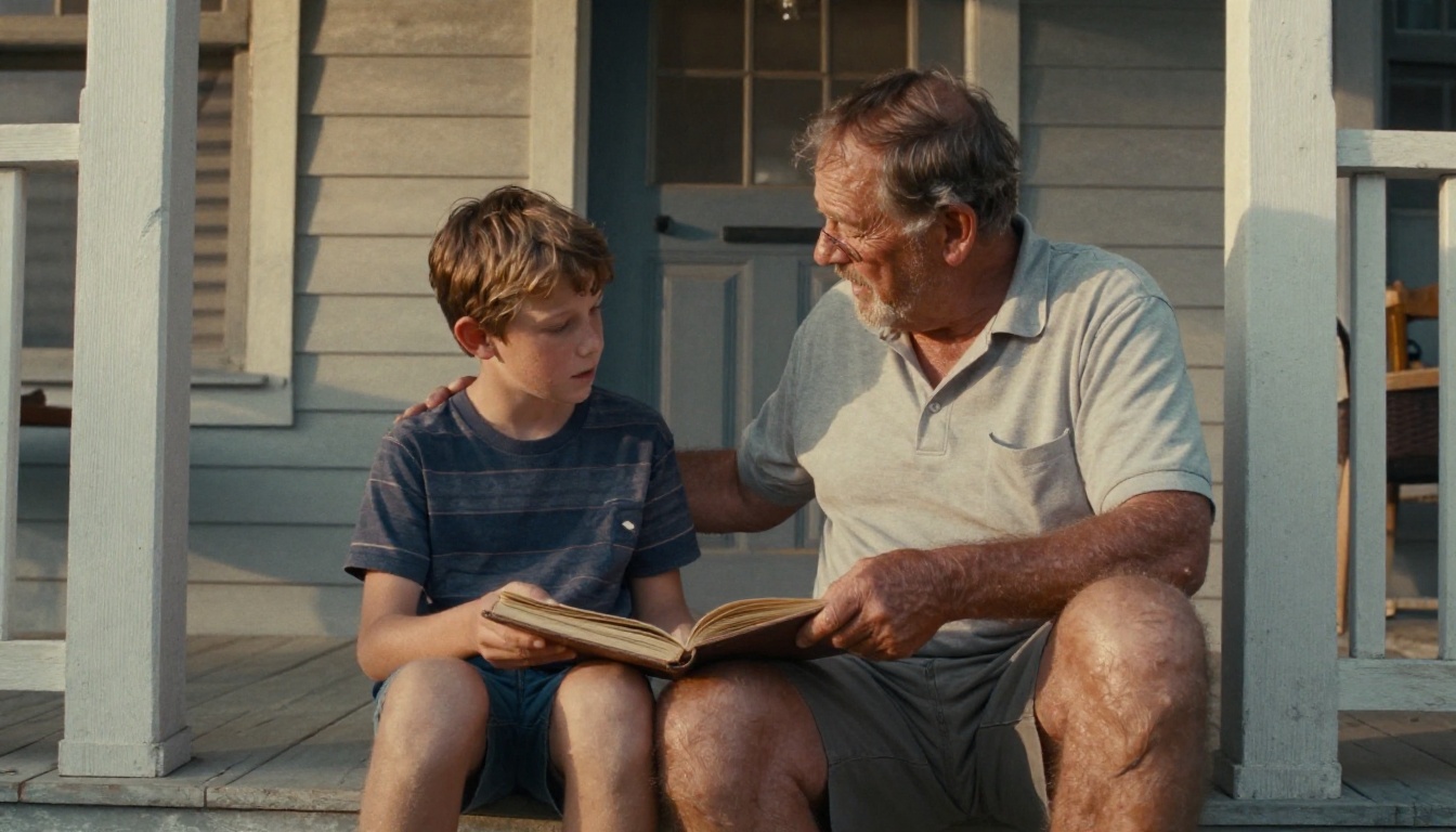 A grandfather and his grandson on a porch step looking through an old family album