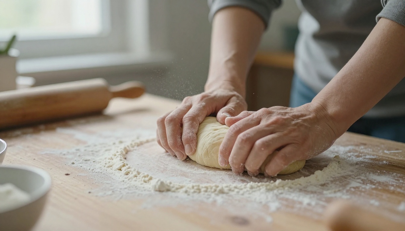 A mother and daughter kneading dough together on a floured board A mother and daughter kneading dough together on a floured board