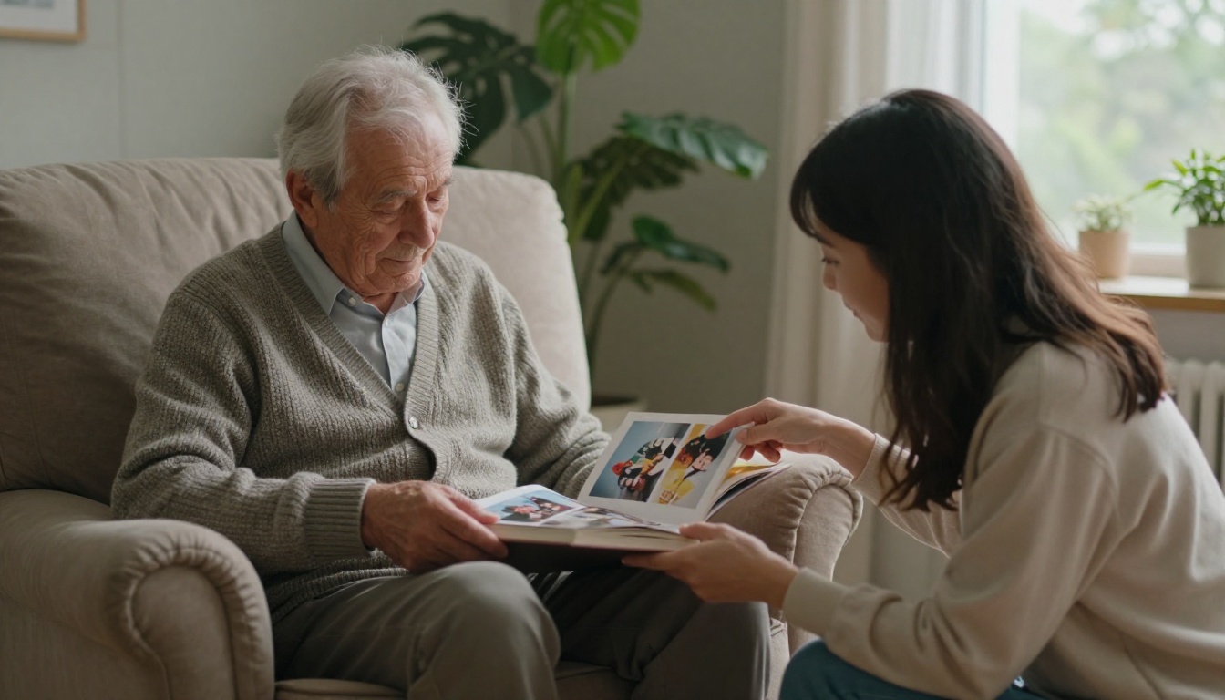 An elderly dad in a cardigan flipping through a photo book beside his daughter