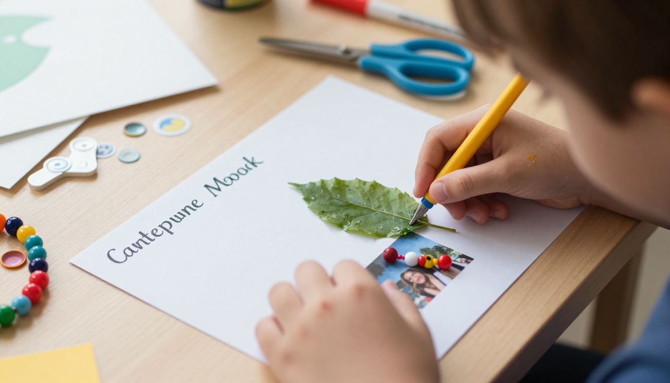 Hands gluing a leaf and bracelet onto a camp craft page