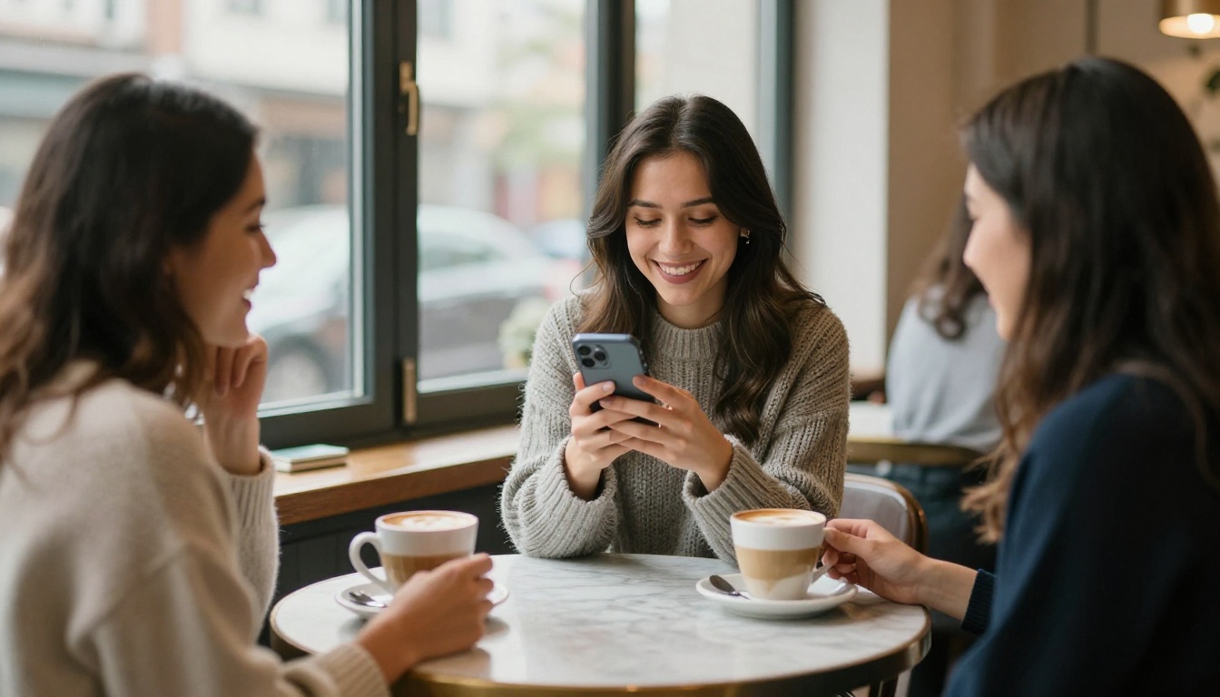 Friends in a cafe looking at a bride-to-be's phone
