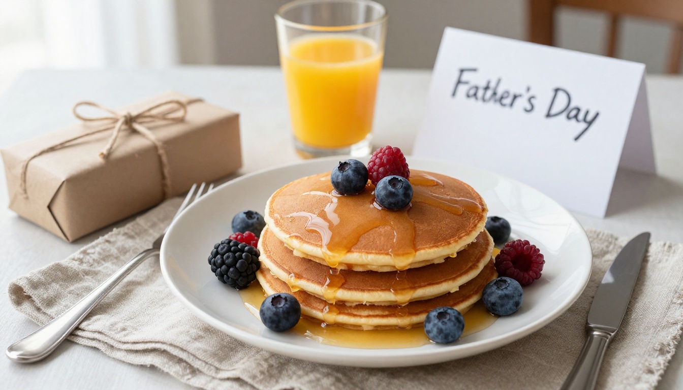 A Father's Day breakfast table with pancakes, berries and a wrapped book