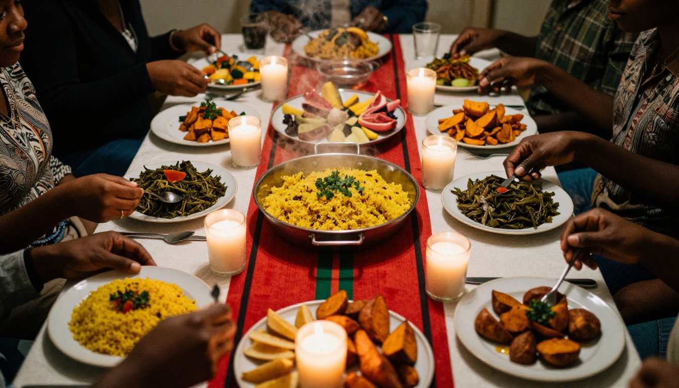 A festive feast table with jollof rice, collard greens, sweet potatoes and cornbread under candlelight