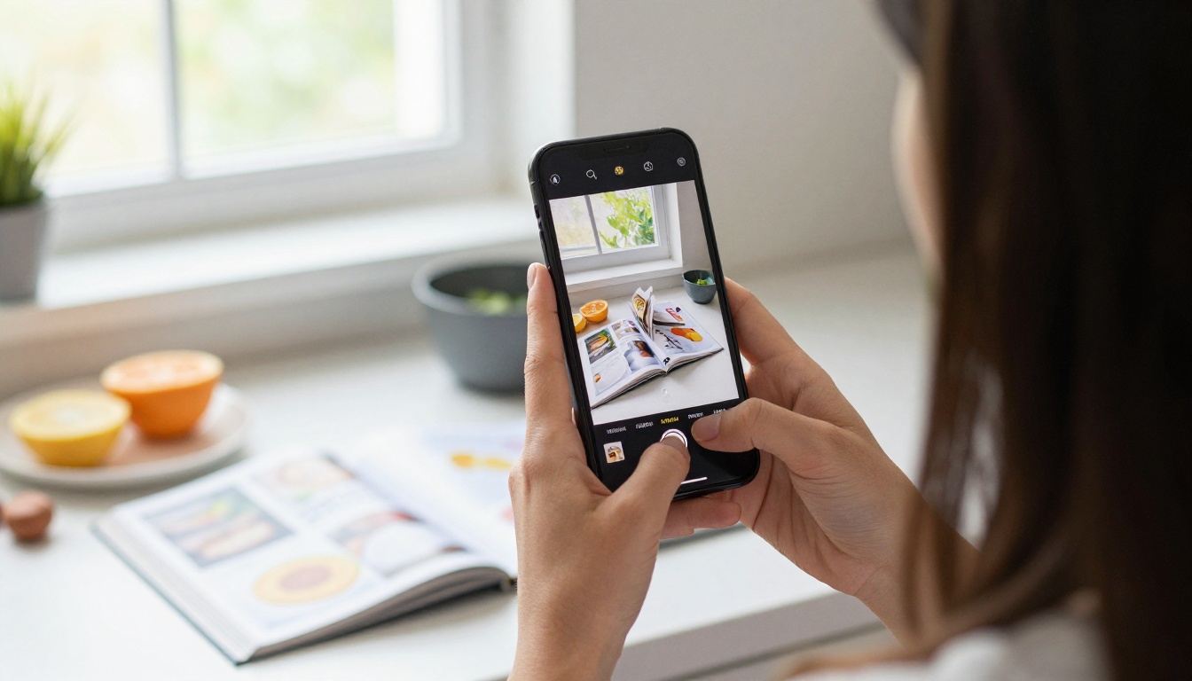 A young woman reading a digital flipbook cookbook on her phone in the kitchen A young woman reading a digital flipbook cookbook on her phone in the kitchen