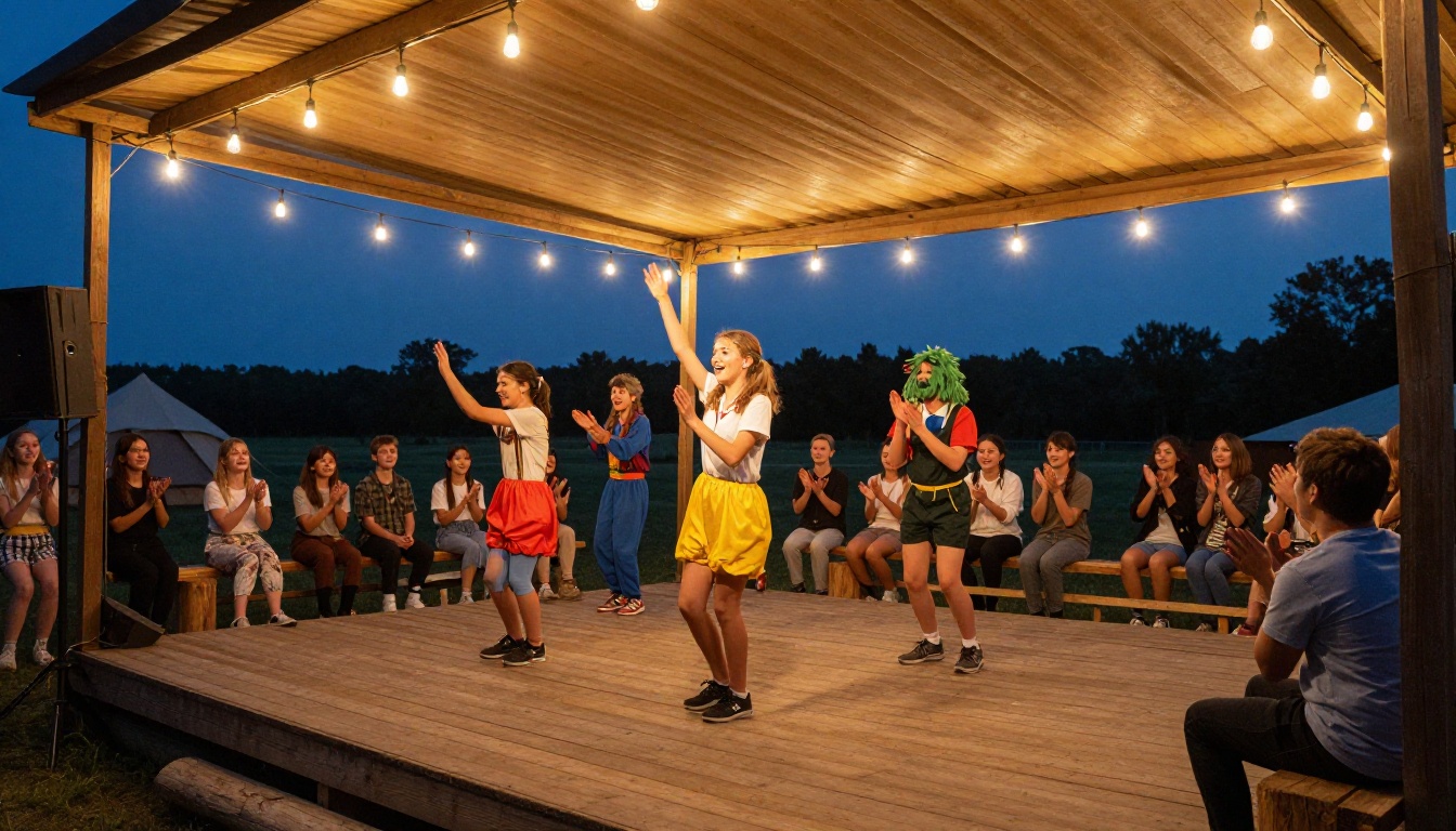 Campers performing at a camp talent show on an outdoor stage