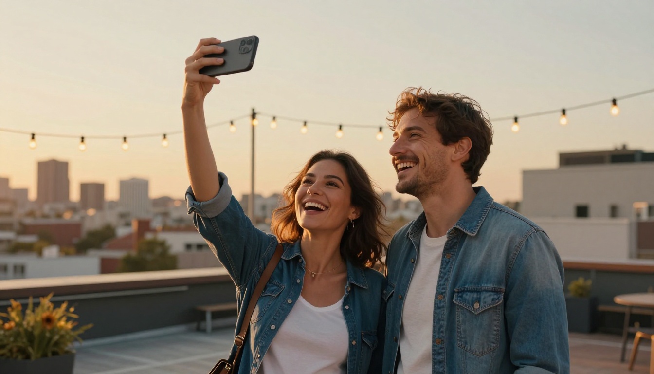 Couple laughing while recording a video on a rooftop terrace