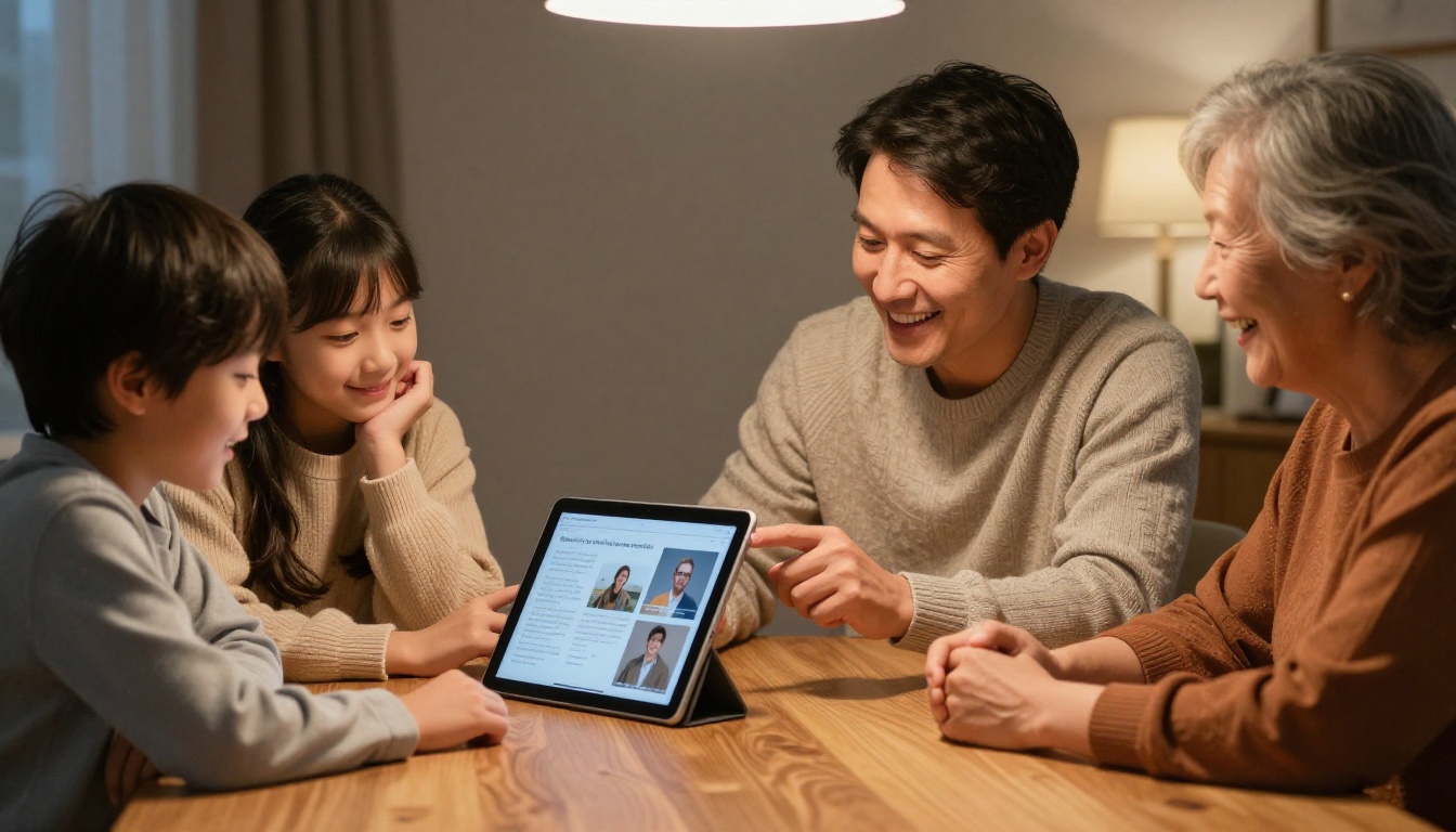 A family of four sharing a digital book at the dining table
