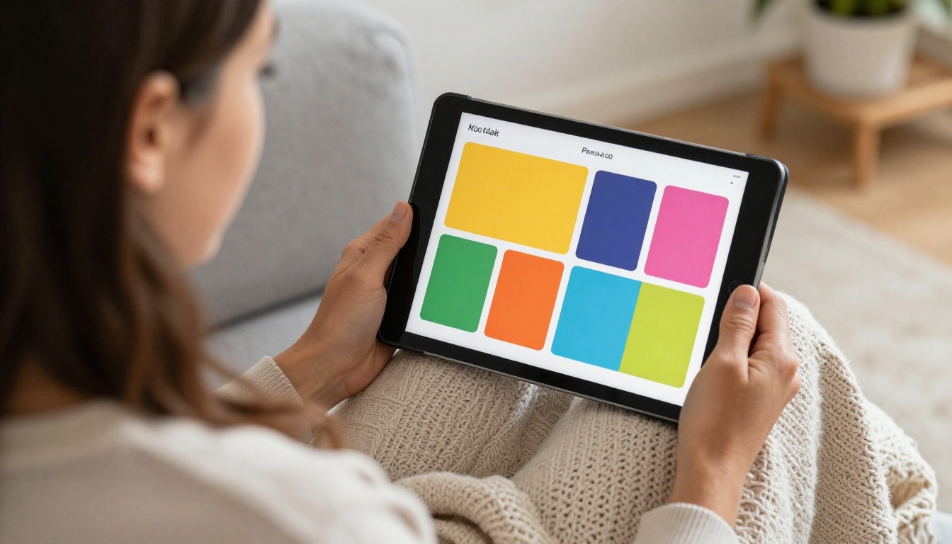 A mother and daughter on a sofa looking at a tablet showing a colorful page turning activity book