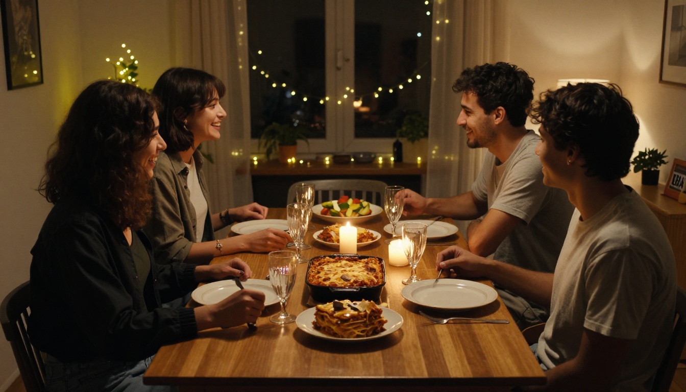 Friends laughing over homemade lasagna at a small dinner table Friends laughing over homemade lasagna at a small dinner table