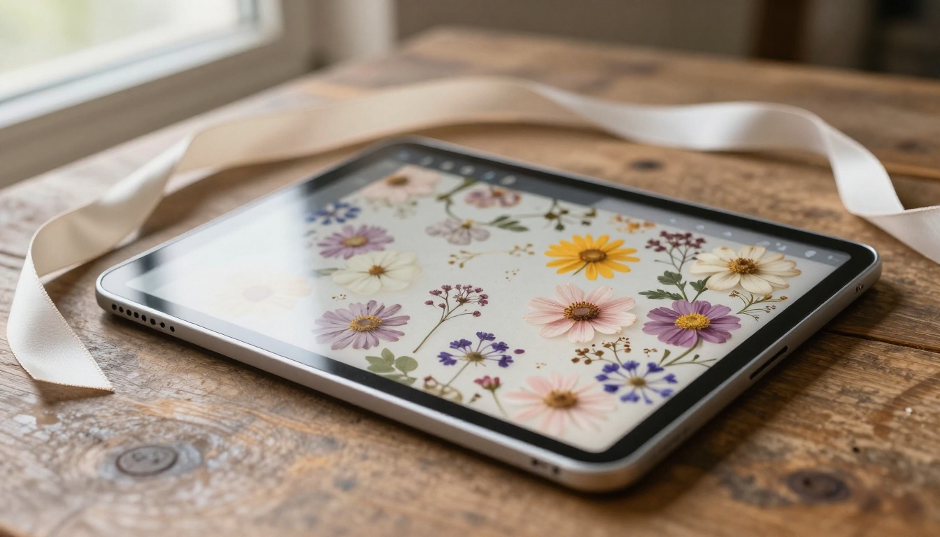 Tablet showing a page-turning digital booklet beside pressed flowers
