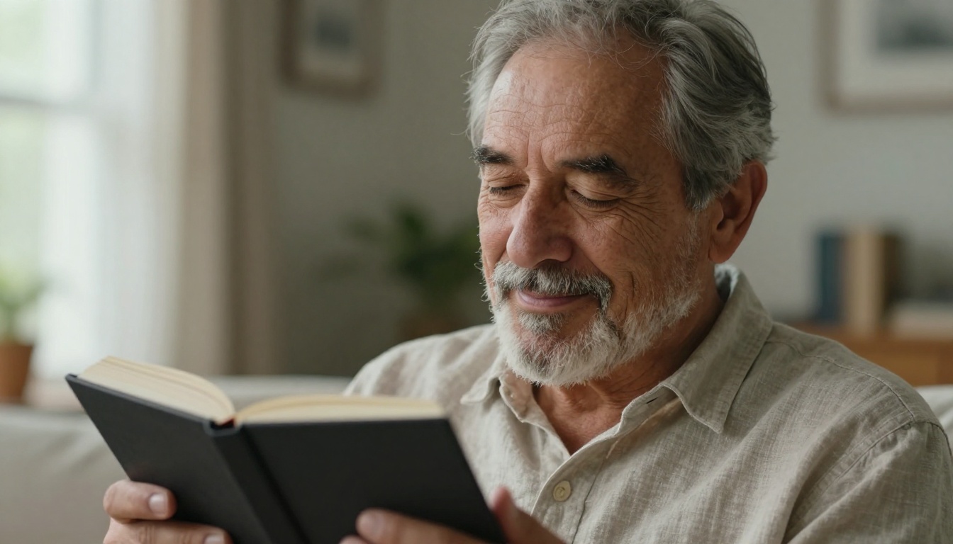 A grey-haired father holding a finished keepsake book against his chest