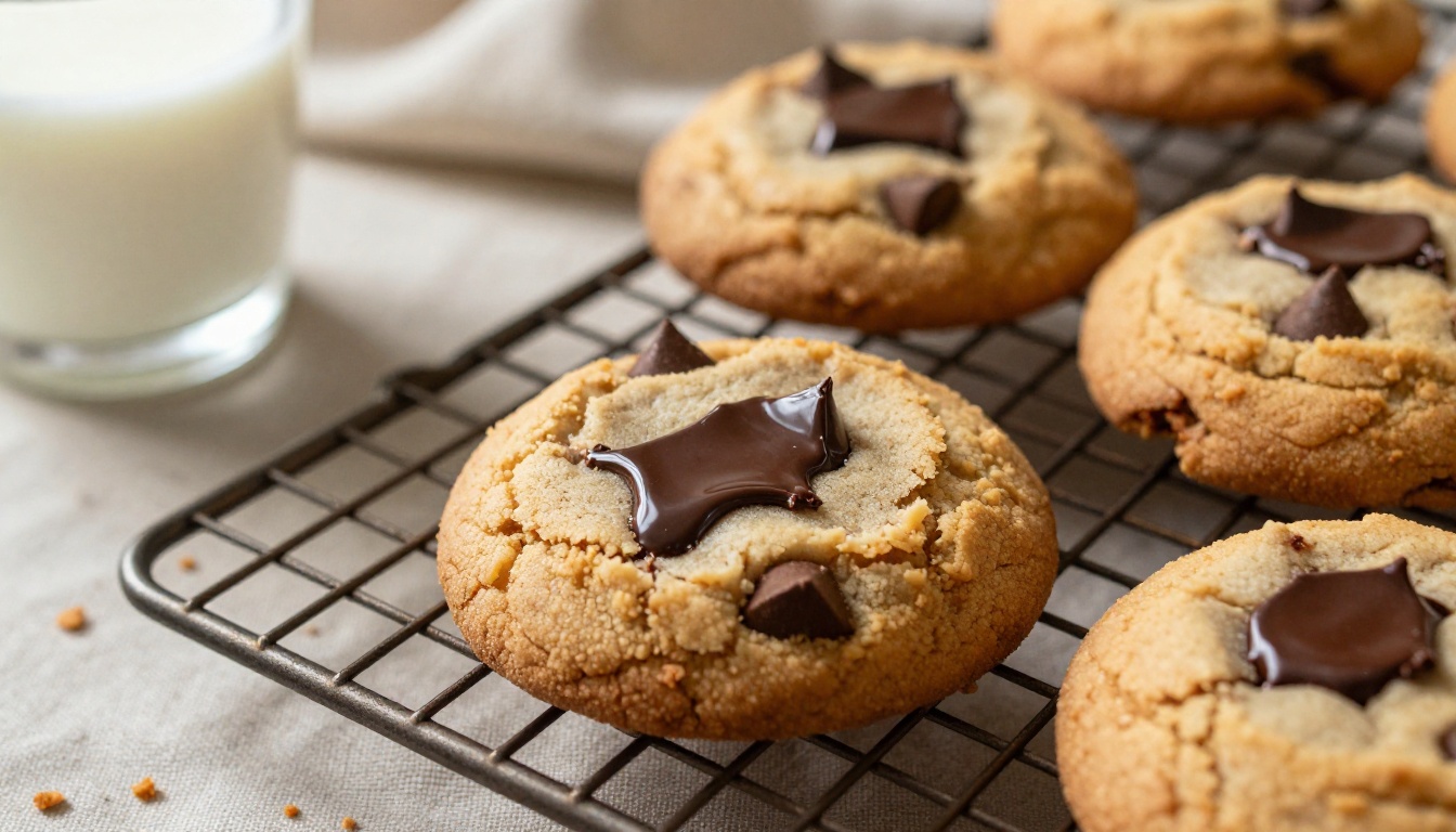 Warm chocolate chip cookies cooling on a wire rack with a glass of milk Warm chocolate chip cookies cooling on a wire rack with a glass of milk