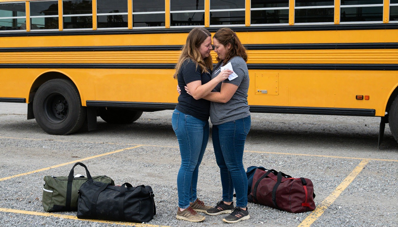 Campers hugging goodbye beside a yellow bus on the last day