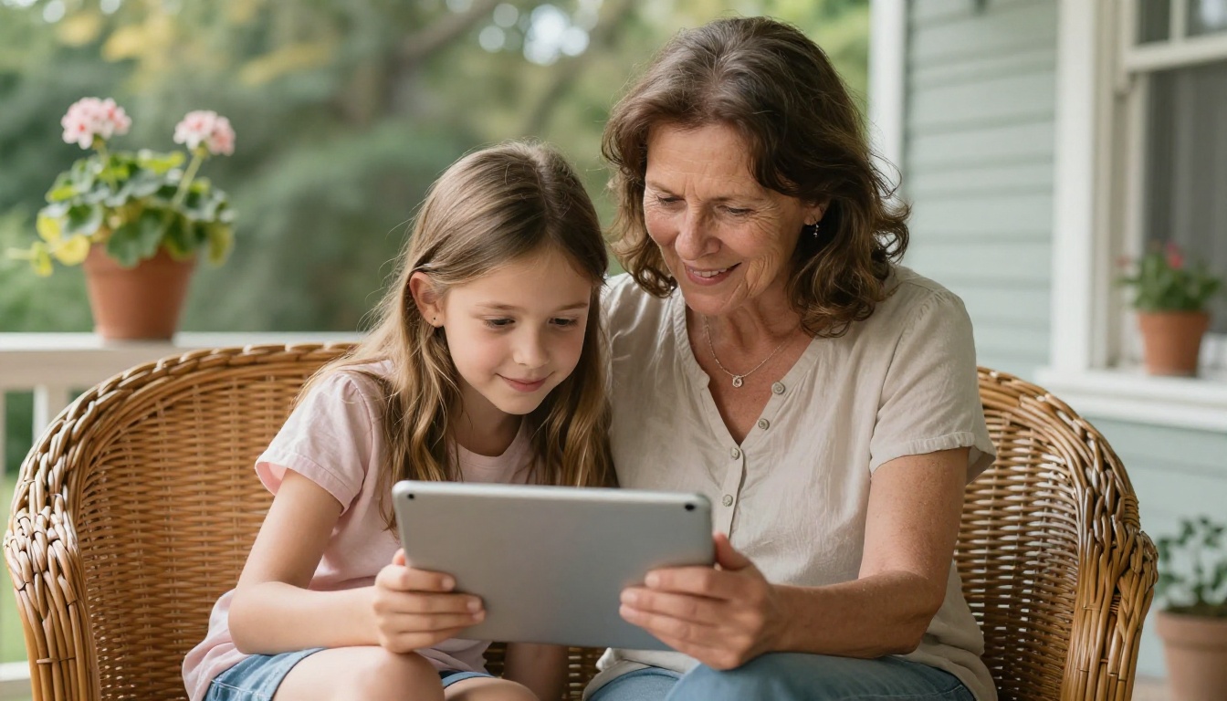 Mother and daughter on a porch reading an announcement on a tablet