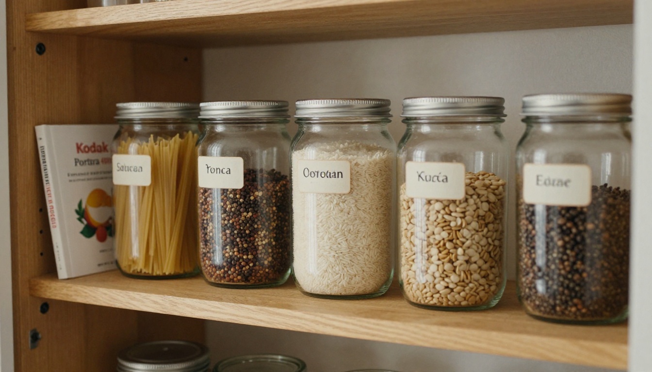 A tidy pantry shelf with labeled jars of pasta, rice, lentils and spices A tidy pantry shelf with labeled jars of pasta, rice, lentils and spices