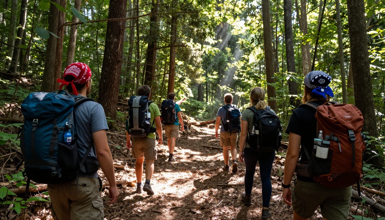 Campers hiking along a sunlit forest trail with backpacks