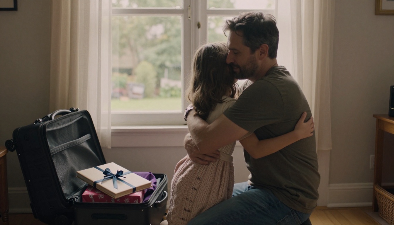 A father and daughter hugging in a doorway beside a suitcase and a wrapped recipe book A father and daughter hugging in a doorway beside a suitcase and a wrapped recipe book