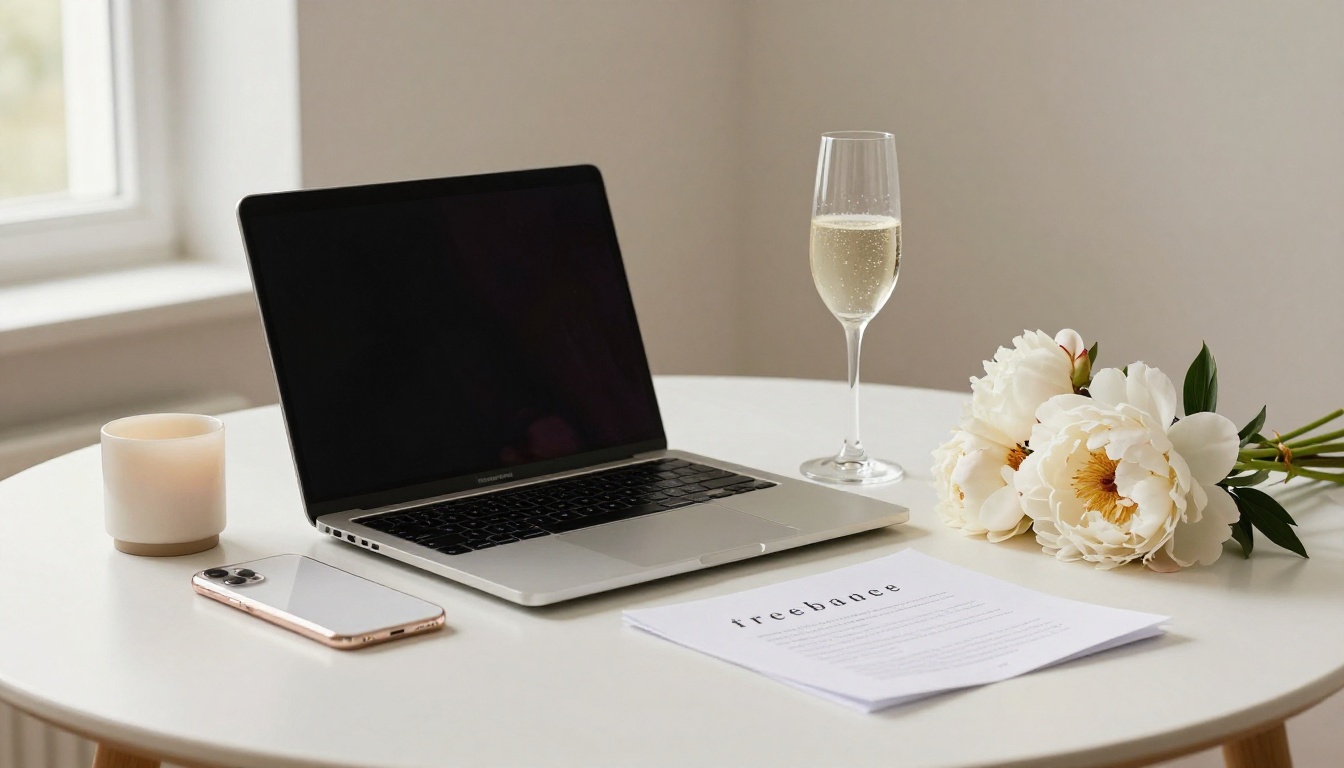 Minimalist wedding table with laptop, peonies, and sparkling wine