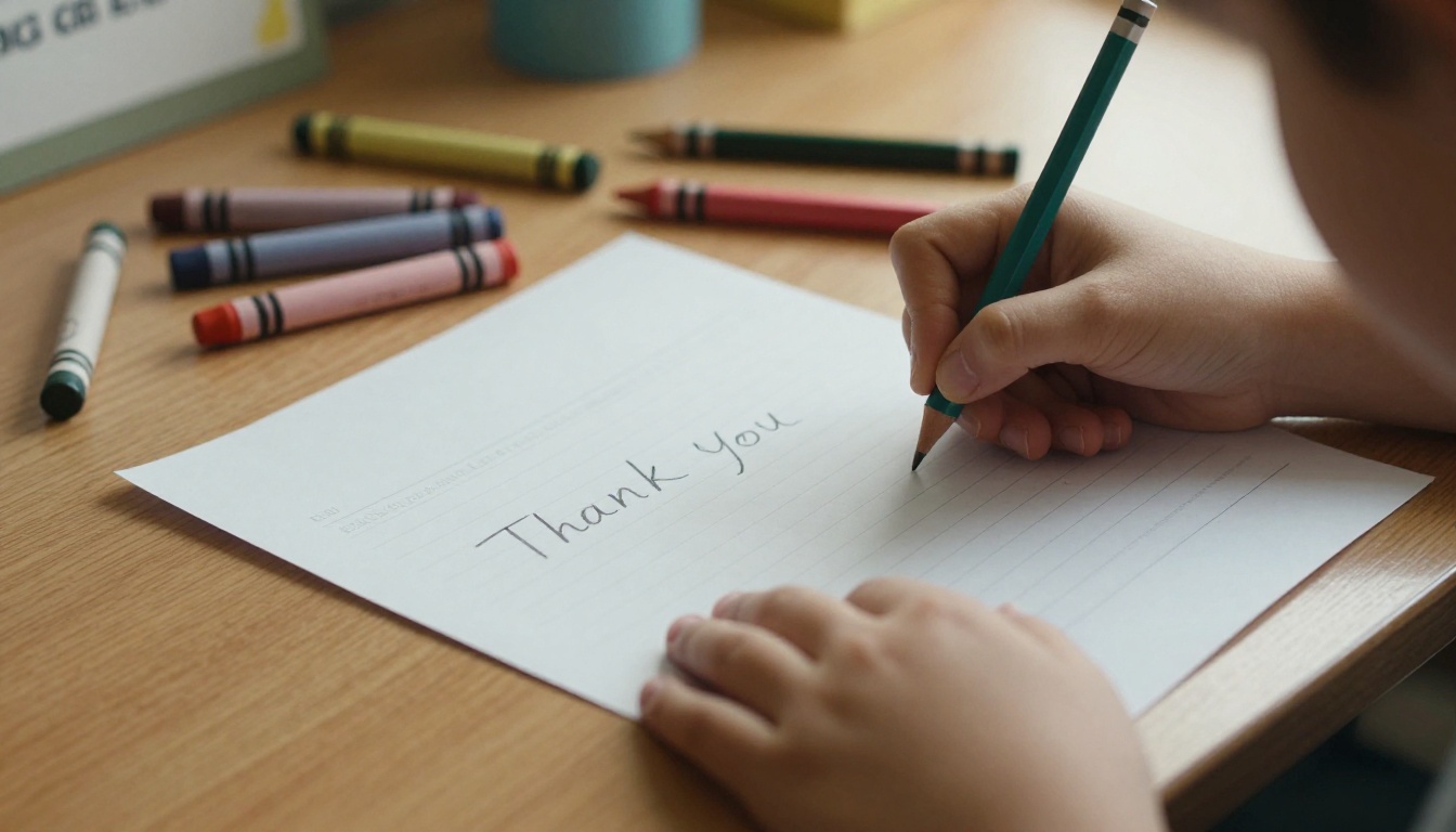 A child's hands writing a note with a pencil on lined paper beside scattered crayons A child's hands writing a note with a pencil on lined paper beside scattered crayons