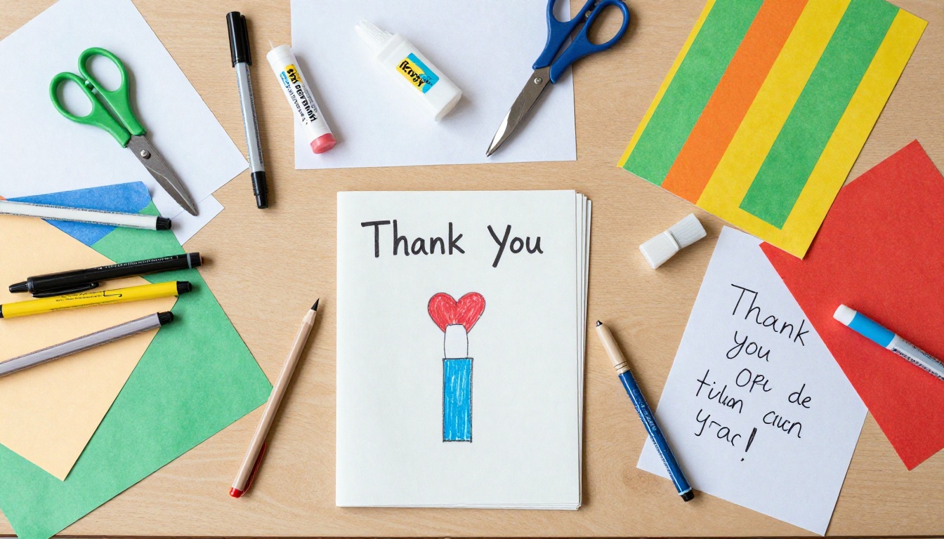 Overhead view of a table covered with colorful paper, markers, and handwritten thank you cards Overhead view of a table covered with colorful paper, markers, and handwritten thank you cards