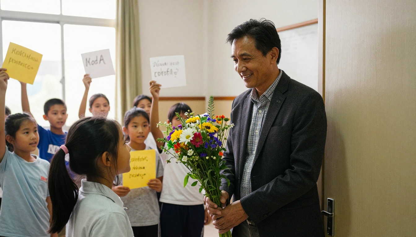 A smiling teacher in a classroom doorway receiving a bouquet of wildflowers from a student A smiling teacher in a classroom doorway receiving a bouquet of wildflowers from a student