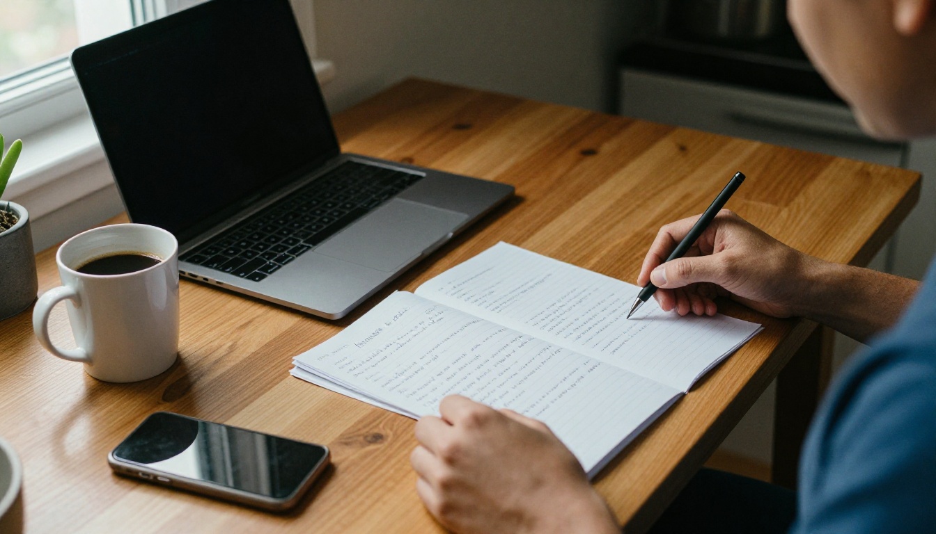 A parent at a kitchen table scanning a child's handwritten letter with a laptop and phone nearby A parent at a kitchen table scanning a child's handwritten letter with a laptop and phone nearby