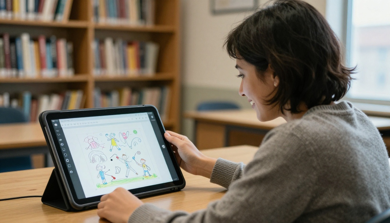 A teacher reading a digital book on a tablet at her classroom desk with a quiet smile A teacher reading a digital book on a tablet at her classroom desk with a quiet smile