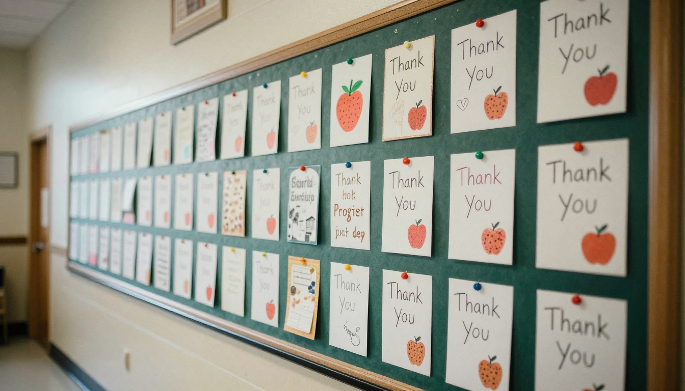 A hallway bulletin board covered in handmade thank you cards and paper apples A hallway bulletin board covered in handmade thank you cards and paper apples