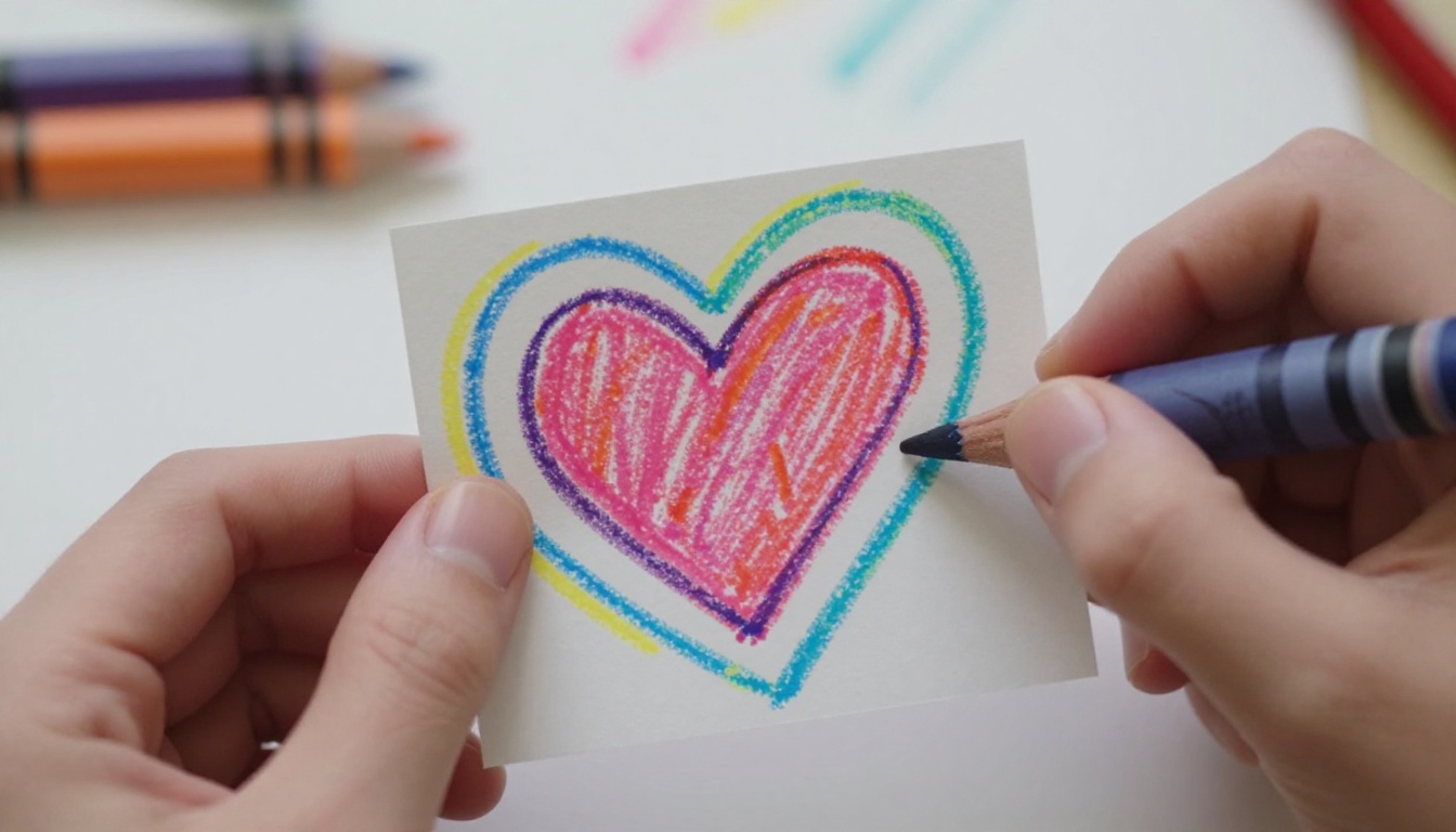 A crayon drawing of a teacher with a heart, held up in two small hands A crayon drawing of a teacher with a heart, held up in two small hands