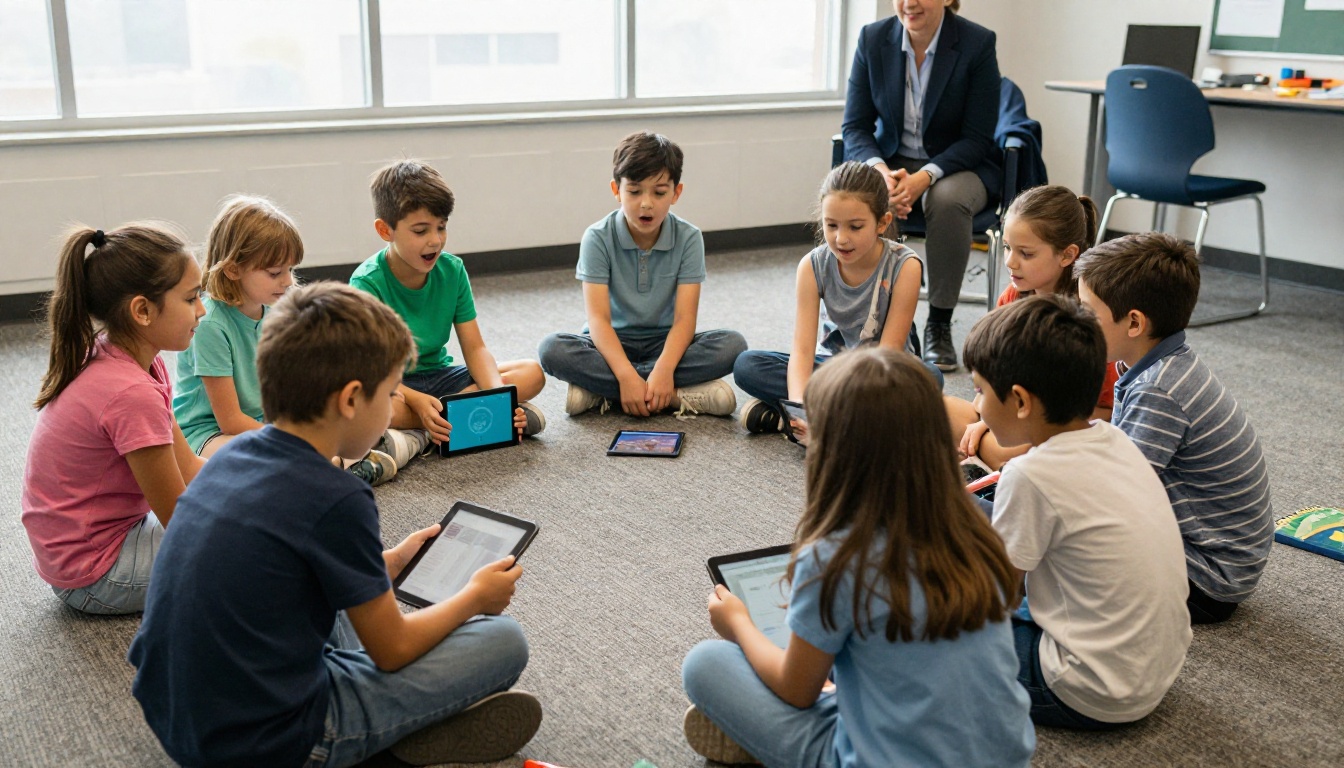 Elementary students gathered around one tablet on a classroom carpet, looking excitedly at the screen Elementary students gathered around one tablet on a classroom carpet, looking excitedly at the screen