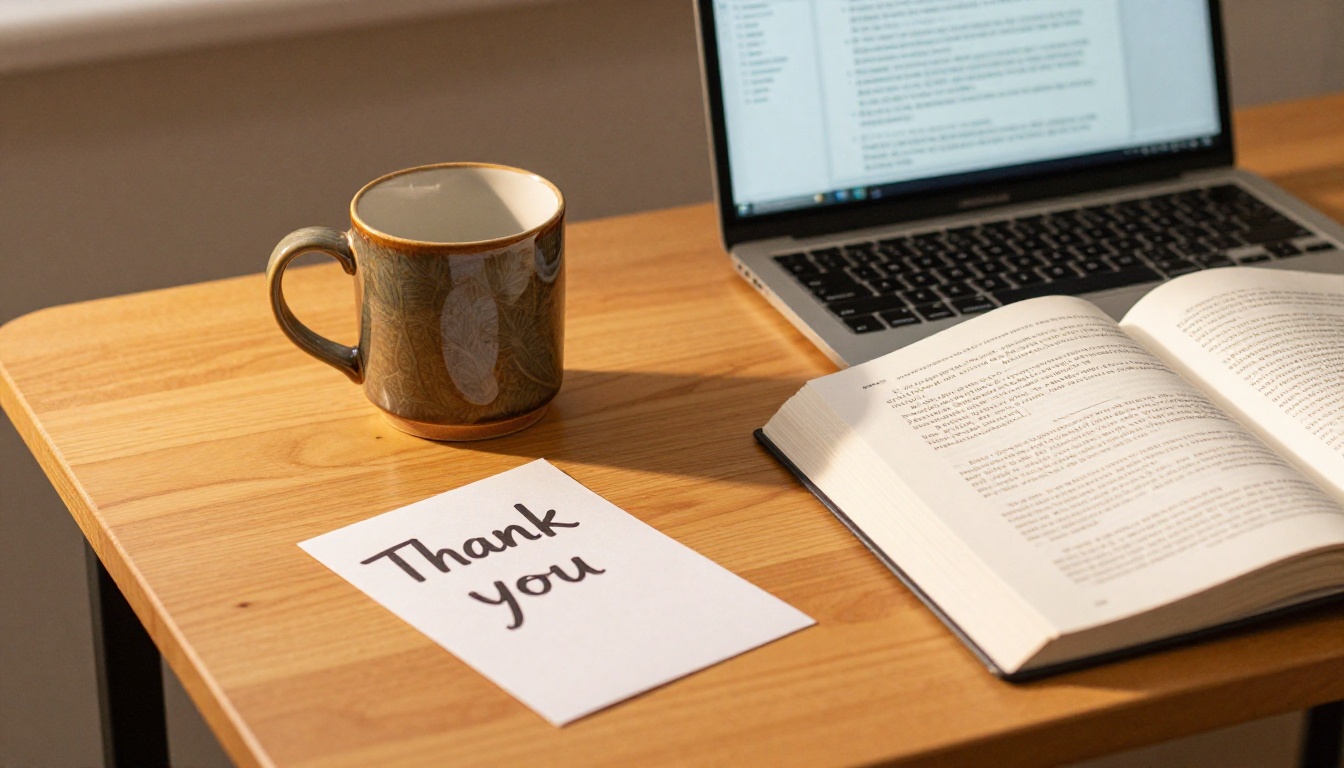 A teacher's desk at golden hour with a small mug, a thank you card, and a laptop showing an open book A teacher's desk at golden hour with a small mug, a thank you card, and a laptop showing an open book