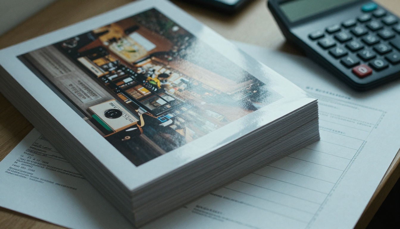 Overhead view of printed exhibition catalogs next to an invoice and calculator Overhead view of printed exhibition catalogs next to an invoice and calculator
