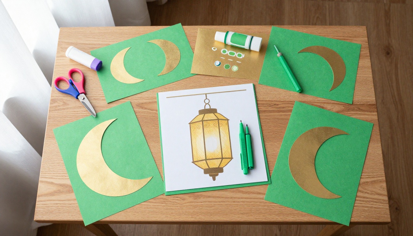 Overhead view of green and gold paper, scissors, stencils and markers laid out for making Eid cards