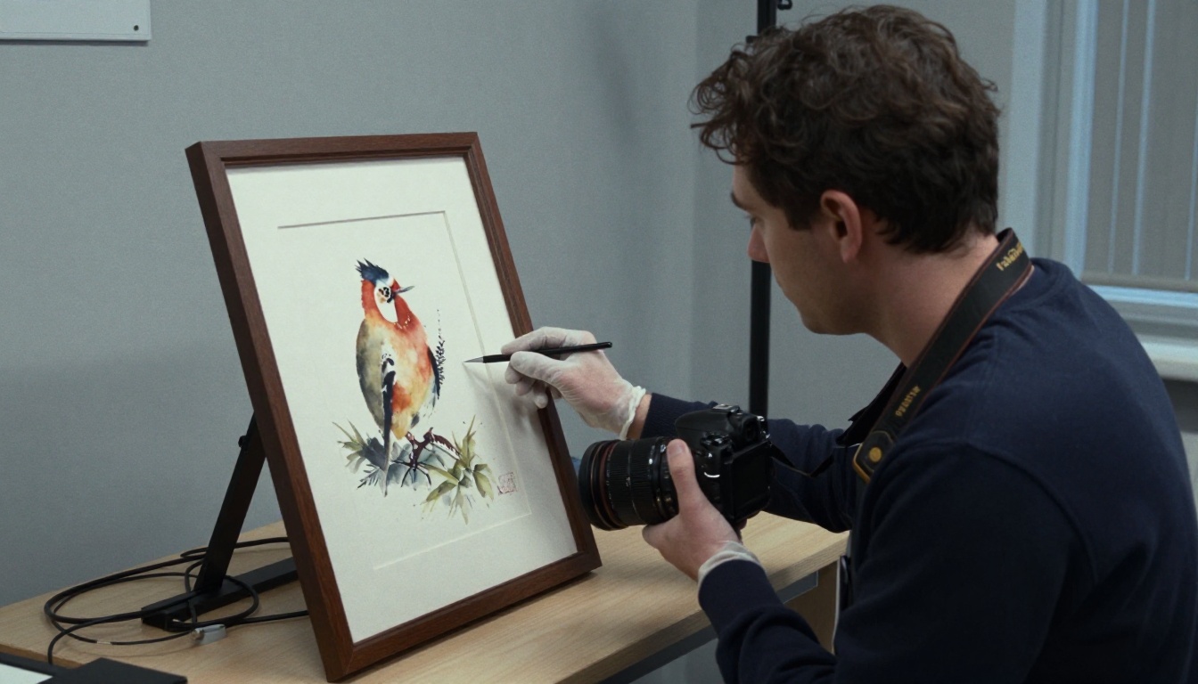 A registrar photographing a framed watercolor on a copy stand A registrar photographing a framed watercolor on a copy stand
