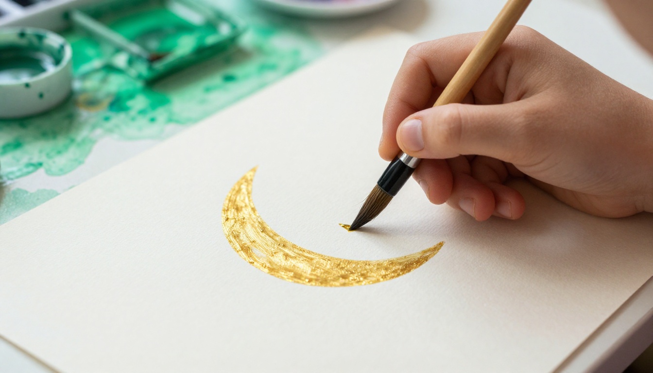 Child's hands painting a golden crescent moon in watercolor on cream paper