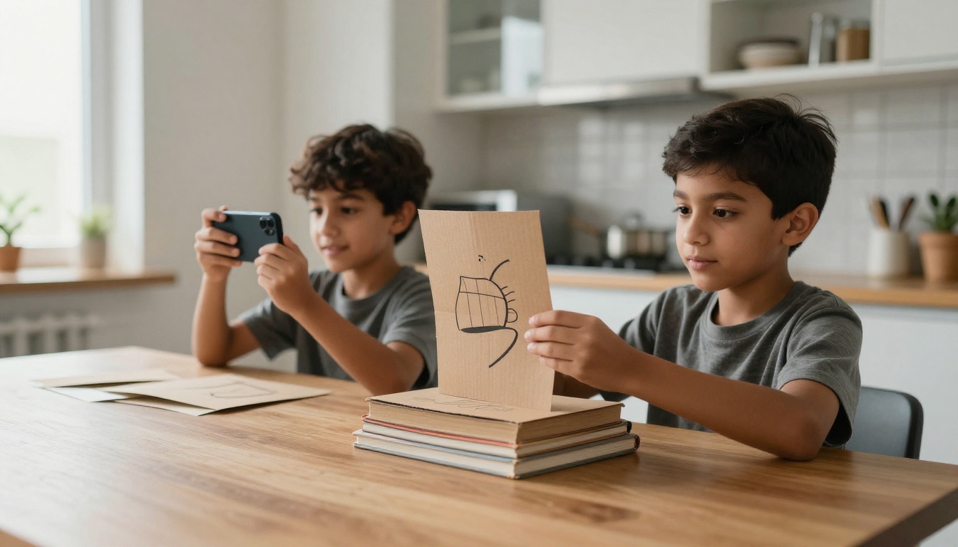 Two brothers photographing a handmade Eid card standing against a stack of books
