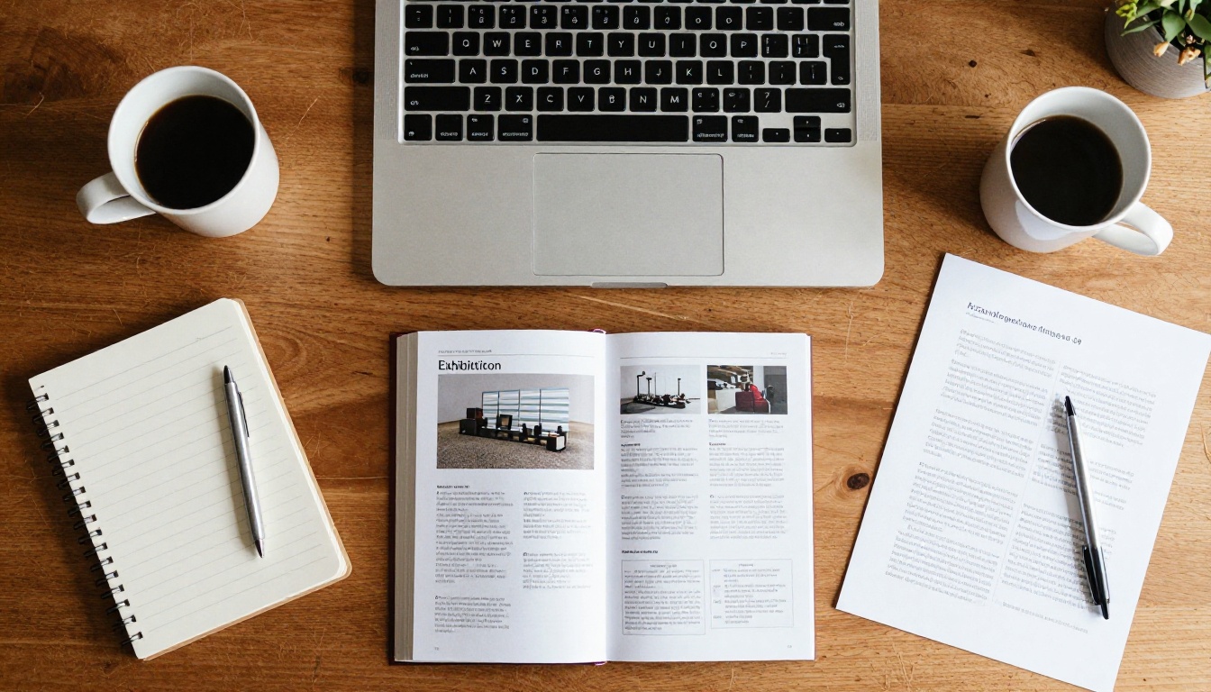 Overhead view of a desk with a laptop showing a PDF layout of a catalog Overhead view of a desk with a laptop showing a PDF layout of a catalog