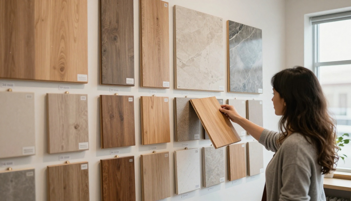 Design center wall with flooring and tile samples in labeled tiers