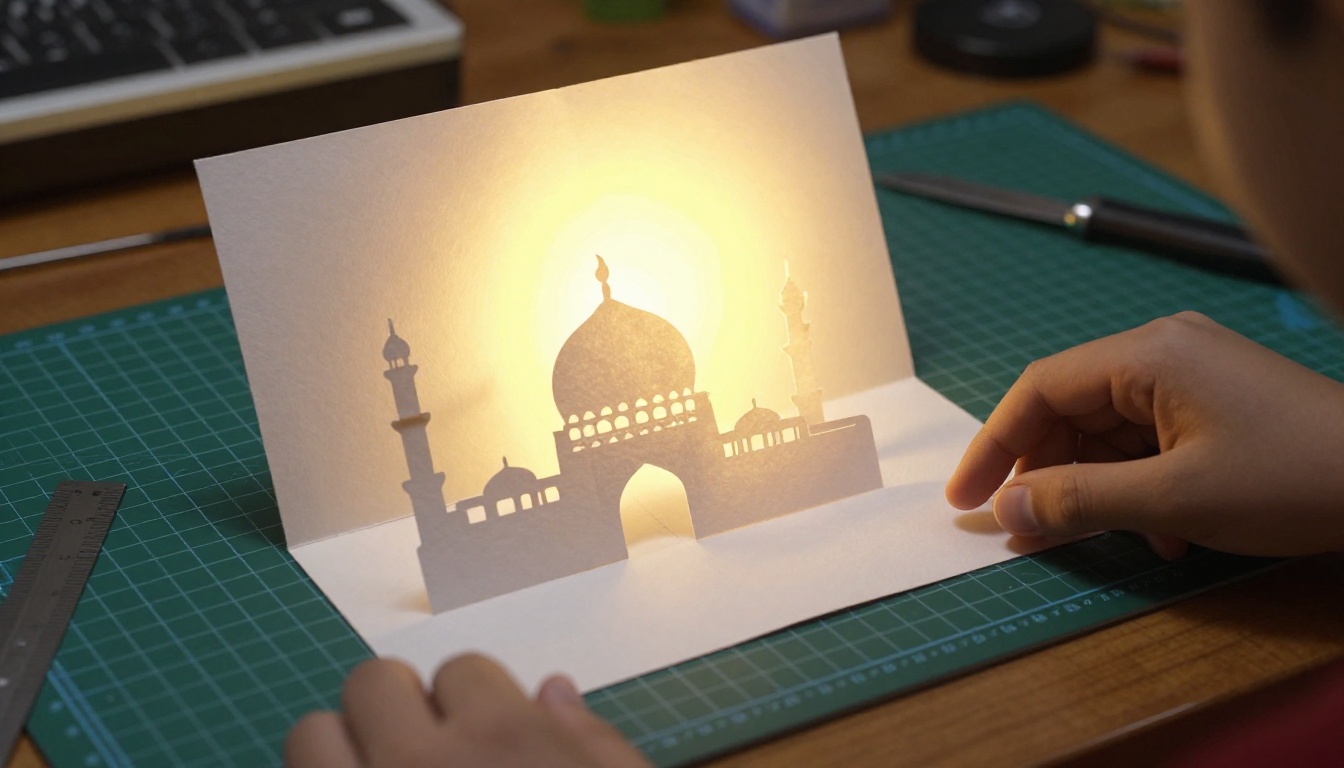 Boy holding a pop-up Eid card with a layered paper mosque silhouette