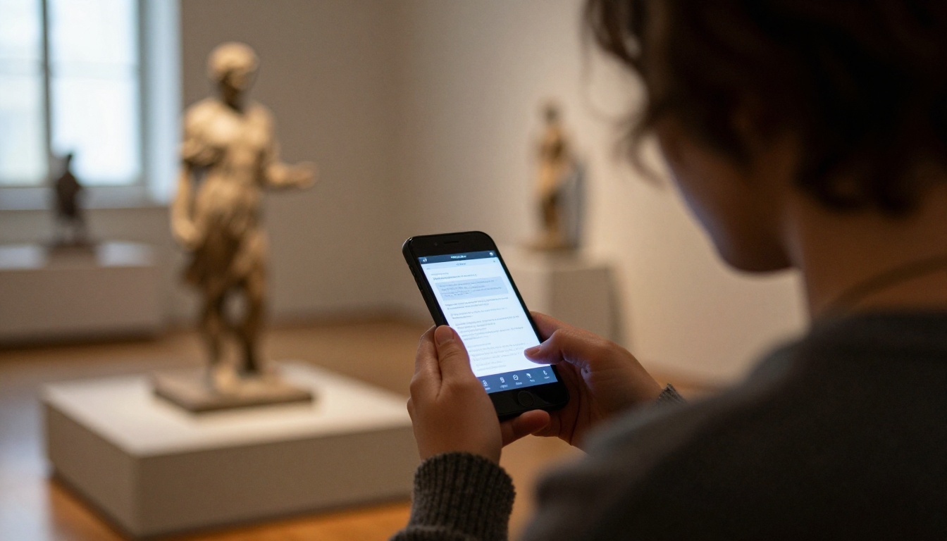 A visitor reading a digital catalog on a smartphone inside a gallery A visitor reading a digital catalog on a smartphone inside a gallery