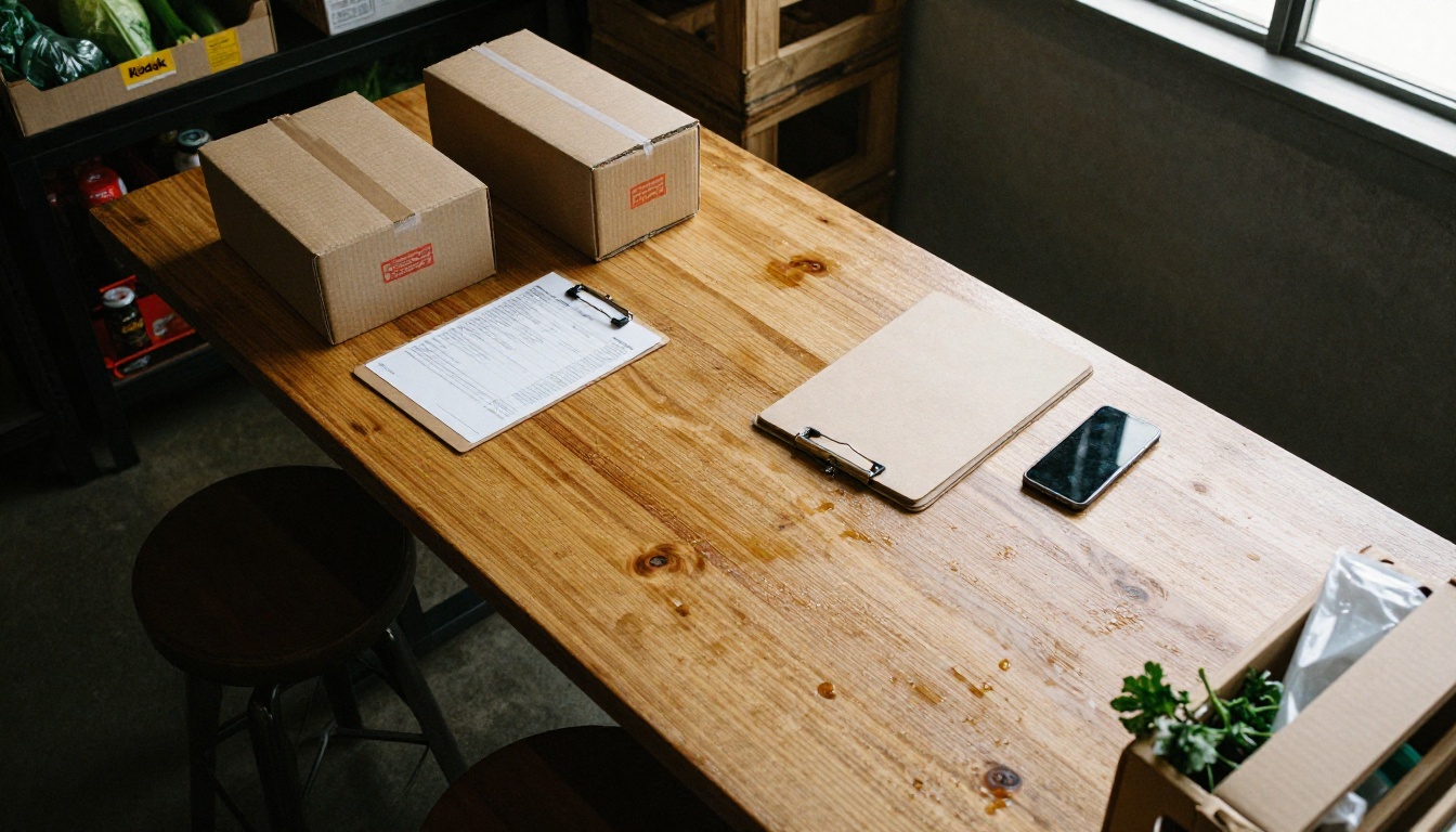 Receiving dock table with an invoice and a phone propped against a crate