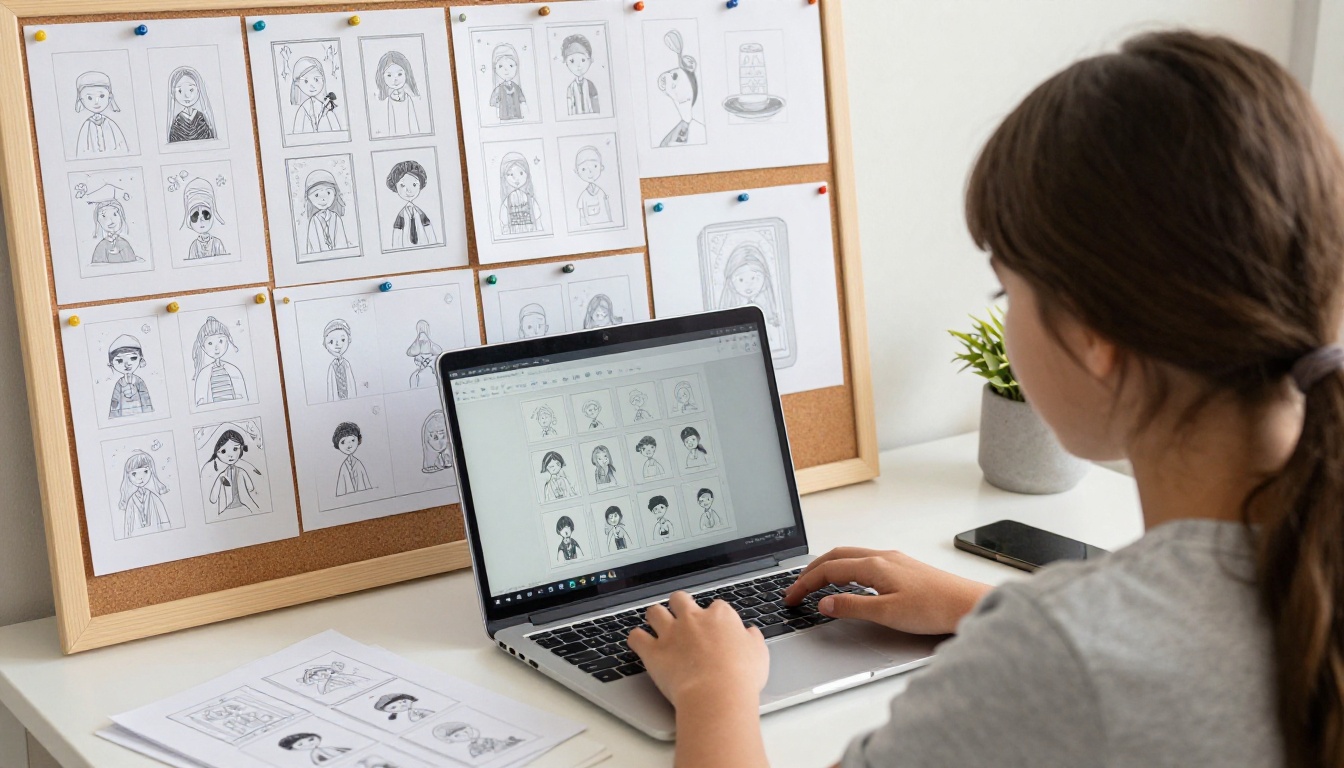 Girl using a laptop to arrange scanned Eid card drawings into a page-turning flipbook