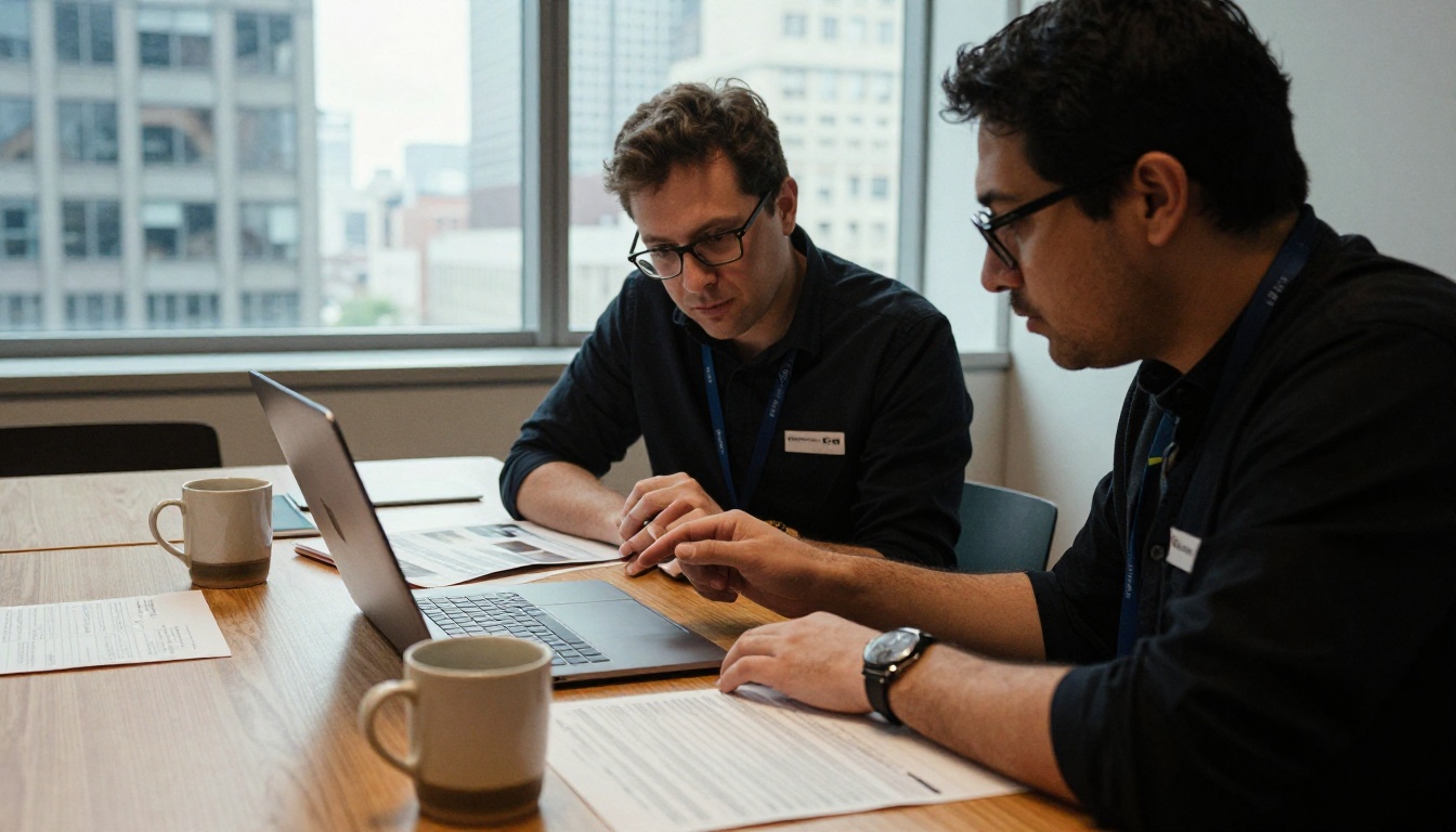 Two museum staff members reviewing a catalog on a laptop at a conference table Two museum staff members reviewing a catalog on a laptop at a conference table