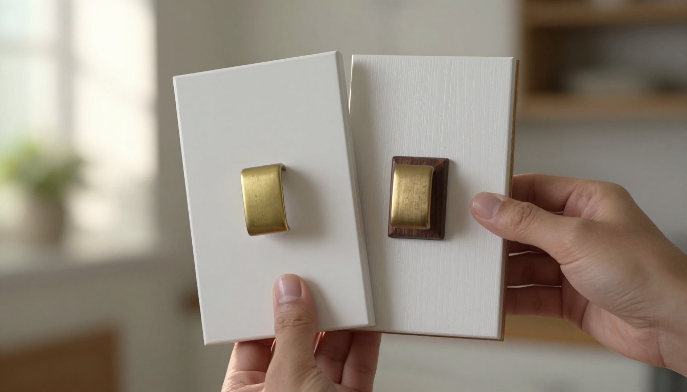 Hands holding a standard white shaker cabinet door and an upgraded walnut door