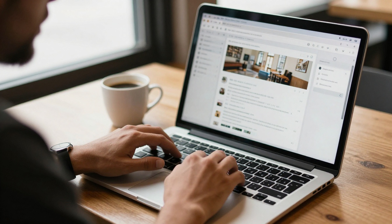 Person adding a block on a laptop at a cafe table Person adding a block on a laptop at a cafe table